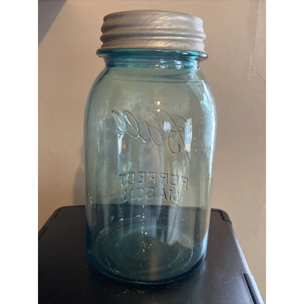 Vintage 1923~1933 BALL PERFECT MASON #5 BLUE Mason Canning Jar Zinc Lid Bubbles
